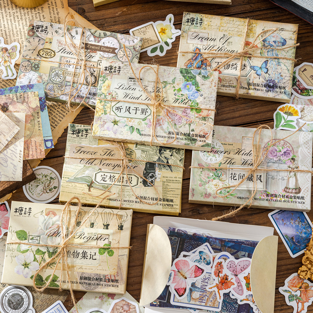 

60pcs/boxed Vintage Collect Stickers Set for Scrapbooking Junk Journal School Supplies Creative Stationery DIY Deco Sticker