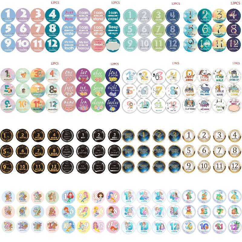 

12Pcs Month Sticker Baby Photography Commemorative Card Number Milestone Memorial Sticker Newborn Baby Photo Props Accessories
