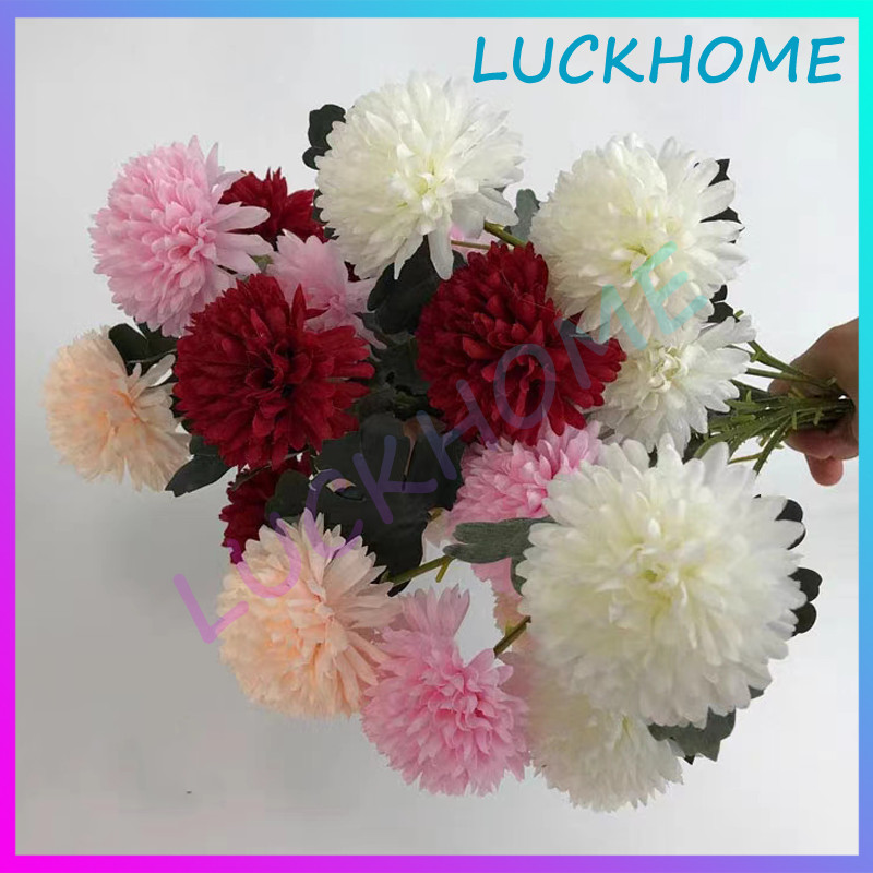Pompom Chrysanthemum Artificial Pompom Bunga Dandelion Bunga Dandelion Panjang 3 Kuntum Dekorasi Bun