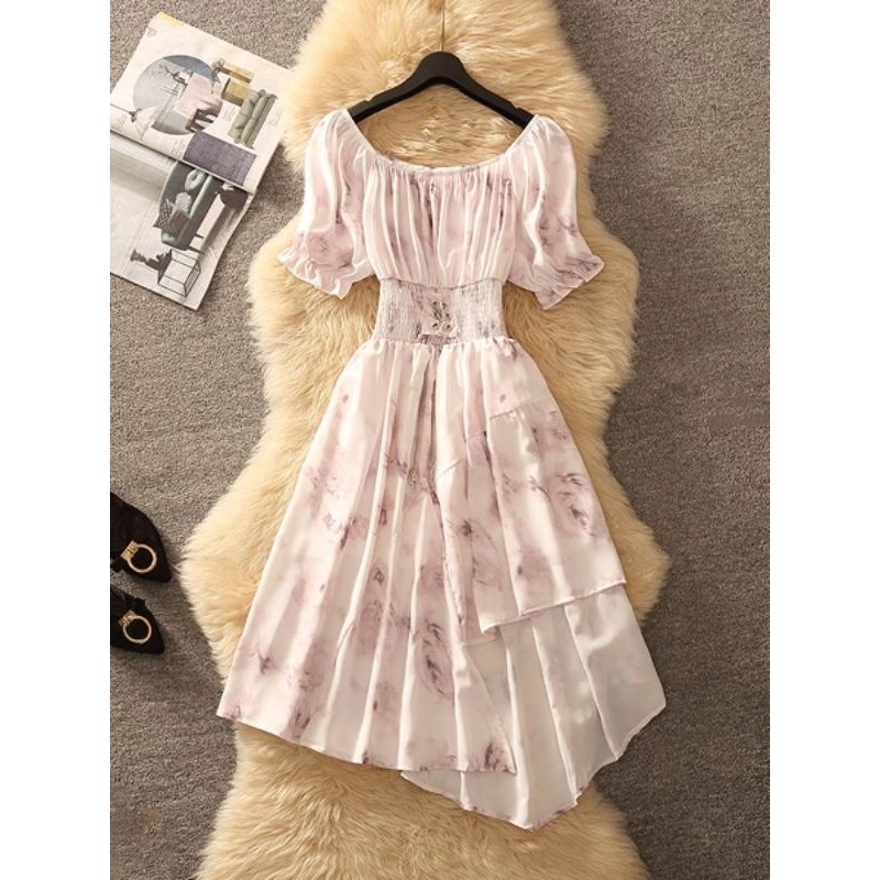 [ VM ] Gaun Midi dress sifon vintage sabrina korean style summer 2365