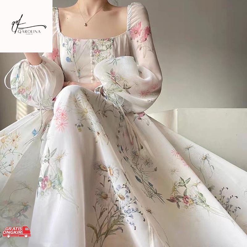 Dress Korea / Putih Dress Fairy/Floral Dress Kondangan/Chiffon Dress Putih  Retro Vintage/ Dress Ele