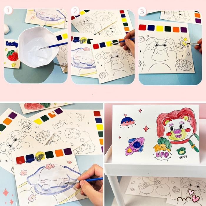 

TERLARIS! cute water color painting buku gambar cat air anak tema imut - Pink