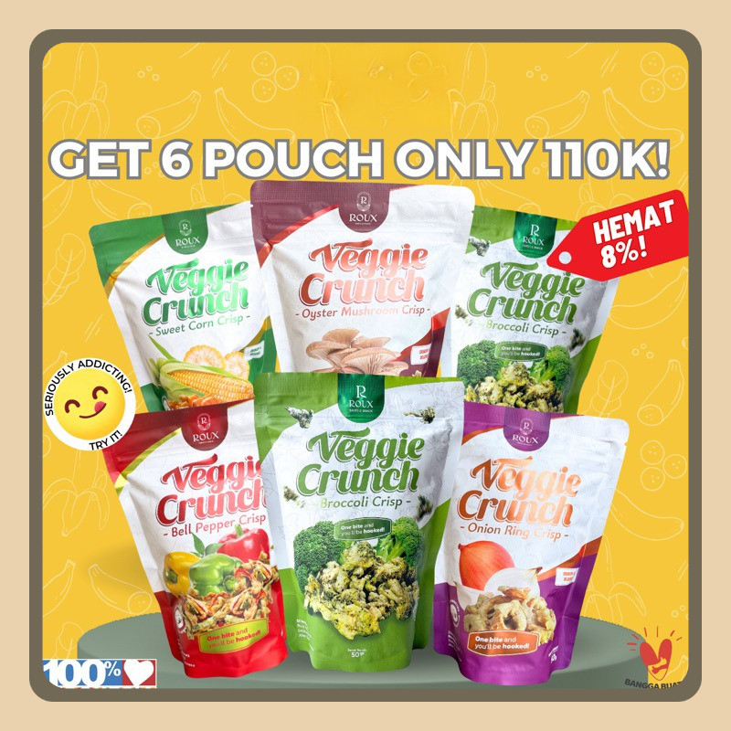 

ROUX VEGGIE CRUNCH Keripik Sayur Brokoli Paprika Jagung Manis Bawang Bombay Onion Jamur Tiram 50g Enak Sehat Gurih Nagih Pouch