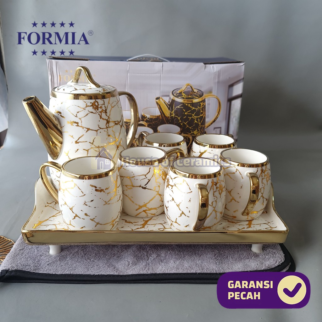 FORMIA Teapot Set Emas White Marble Tea Pot Set  8 Pcs Set + Tray Cantik Aesthetic Bermotif