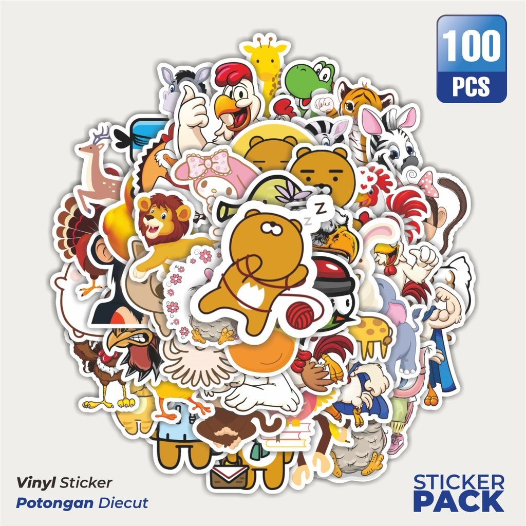 

100 PCS STIKER Kartun Hewan Lucu Waterproof Aesthetic- Untuk Laptop, Motor, dan Helm - Paper Stationery Pack