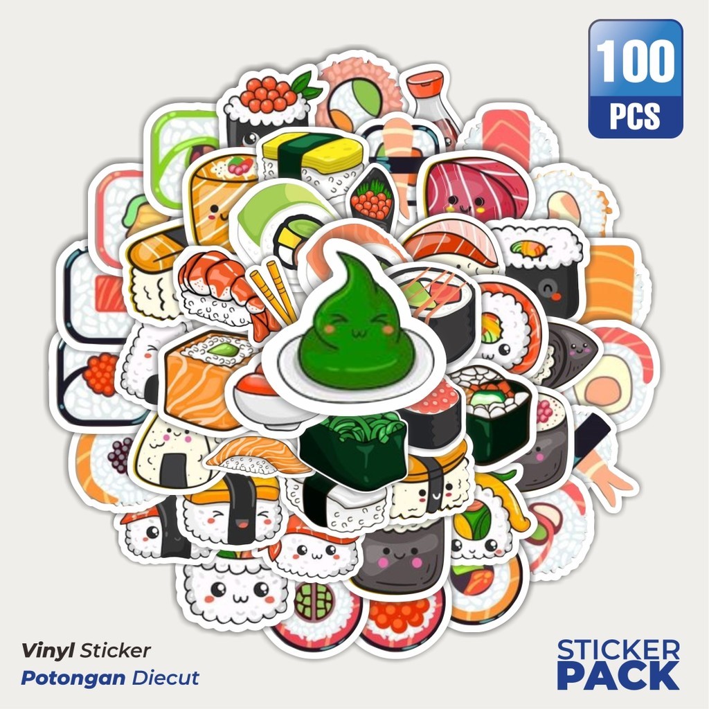

100 PCS STIKER Makanan Sushi Waterproof Aesthetic- Untuk Laptop, Motor, dan Helm - Paper Stationery Pack