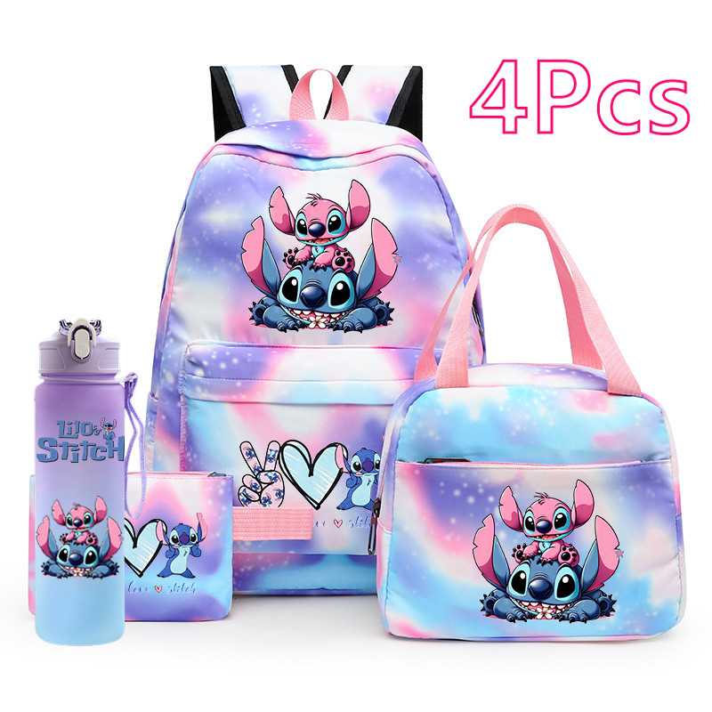 

4Pcs/set Lilo Stitch Printed Backpack 750Ml Water Bottle Lunch Bag Pencil Bag for Girl School Student Large Capacity Outdoor Bag