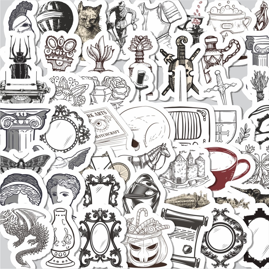 

Stiker Cutting Pack Sticker Retro Medieval B&W Sticker Isi 100Pcs Series Aesthetic Lucu Keren Untuk Koper Bahan Vynil