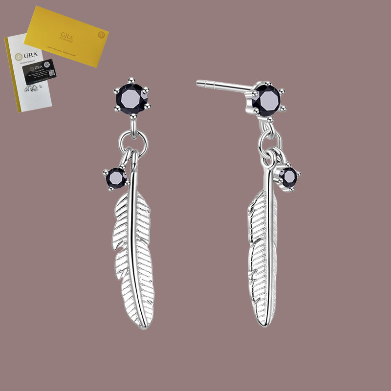 Termasuk Sertifikat GRA Anting Panjang Wanita Desain Vintage Bulu Berlian Hitam Moissanite Rumbai