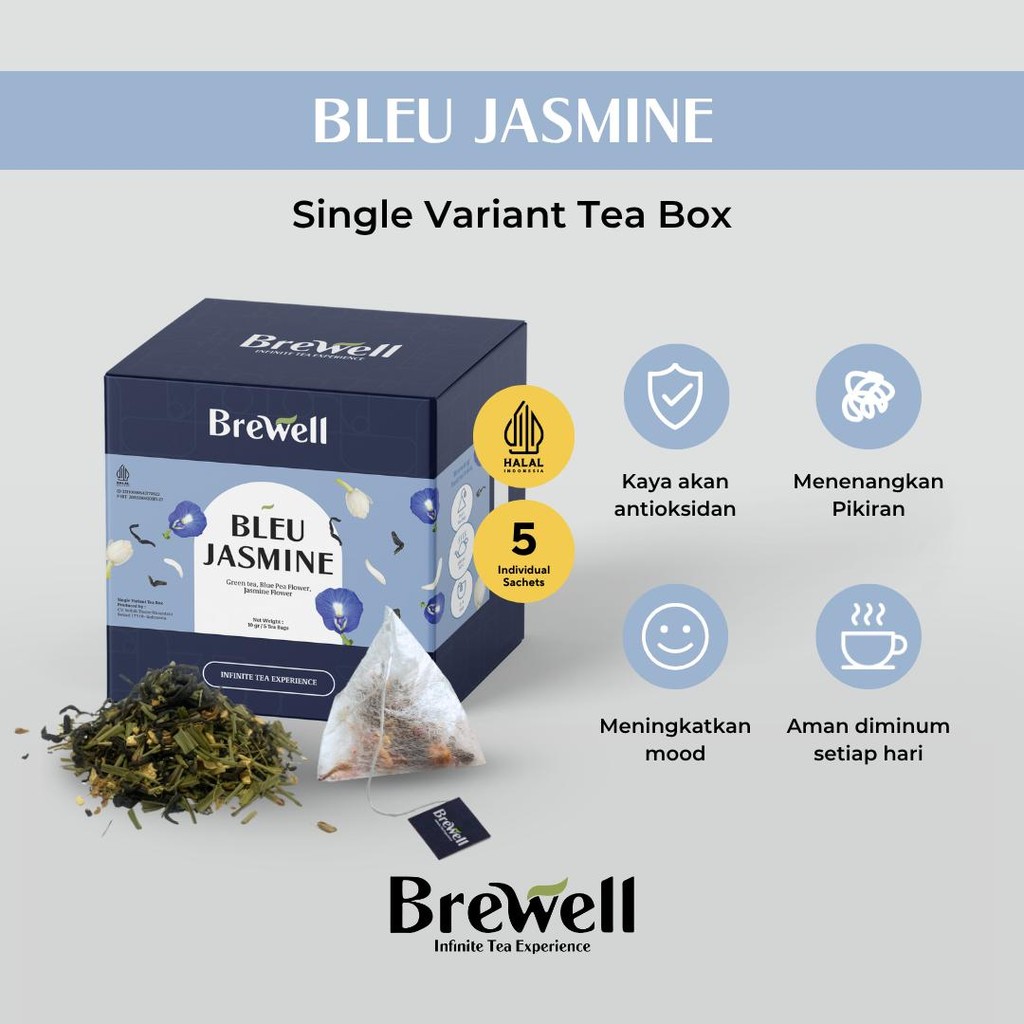 

Brewell | Bleu Jasmine Tea Blend - Tea Bag | Teh Hijau Telang Melati | Green Tea Butterfly Pea Jasmine | Premium Tea