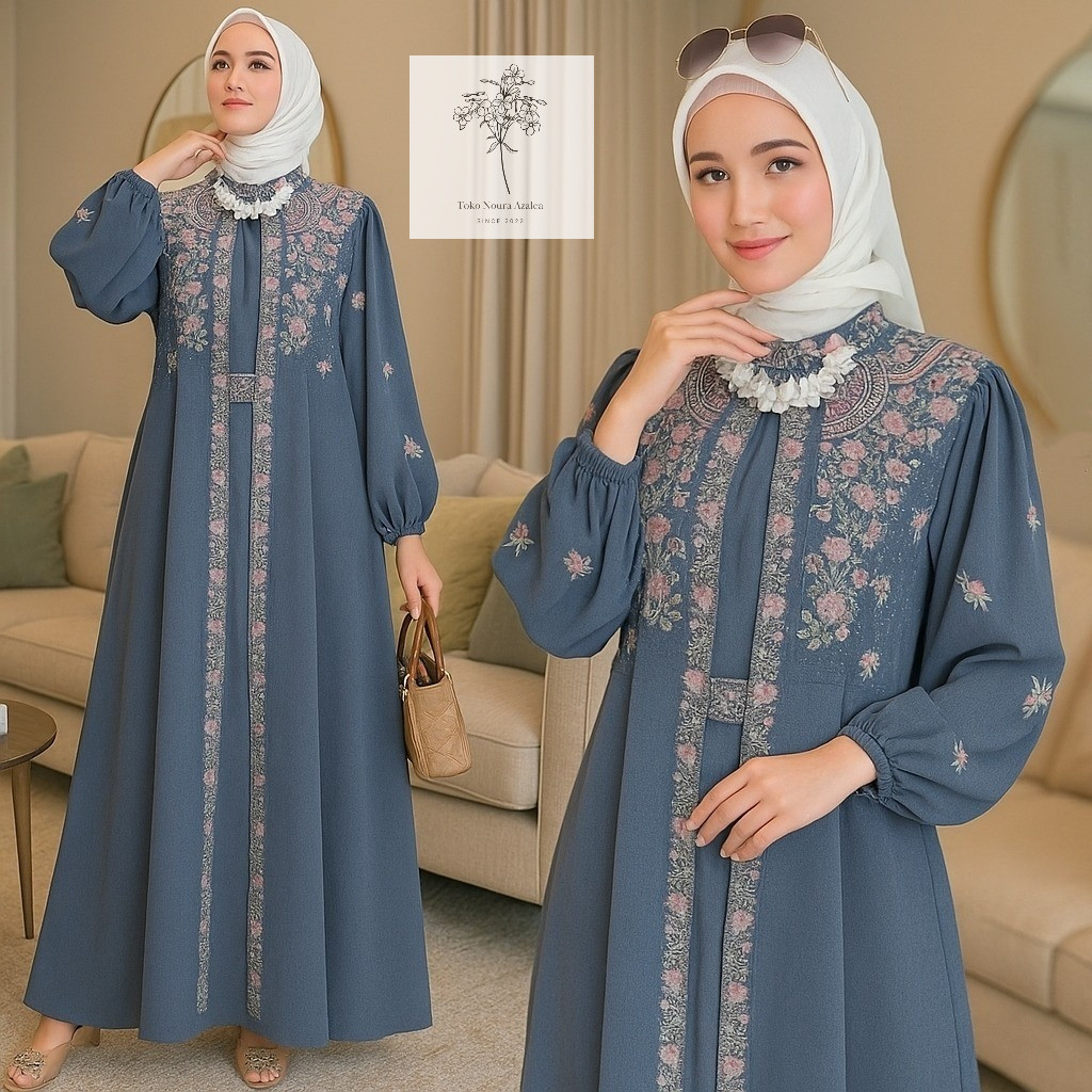 Rabbania Maxy Dress Bordir Cape Layering Ceruty Babydoll | Gamis Muslim Wanita Pesta Kondangan Premi