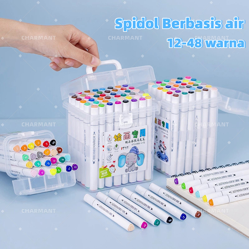 

CHARMANT Spidol Set 12/18/24/36/48 Warna Spidol Warna Sketch Marker 2in1 Spidol Sketsa Double Tip Siswa Sekolah Dasar Berkepala