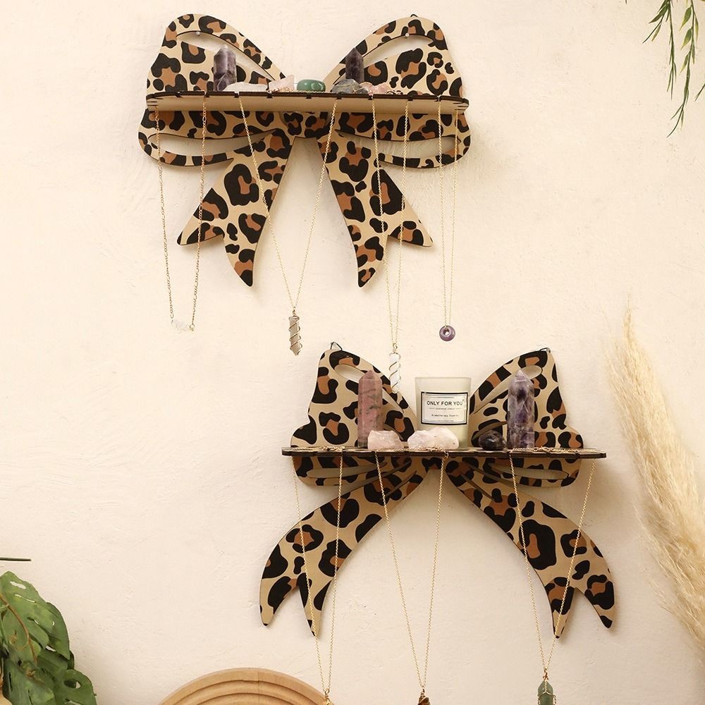

Bowtie Shape Leopard Bow Wall Shelf INS Space Saving Floating Storage Stand Decorative Hanging Hooks Wood Wall Display Rack Home