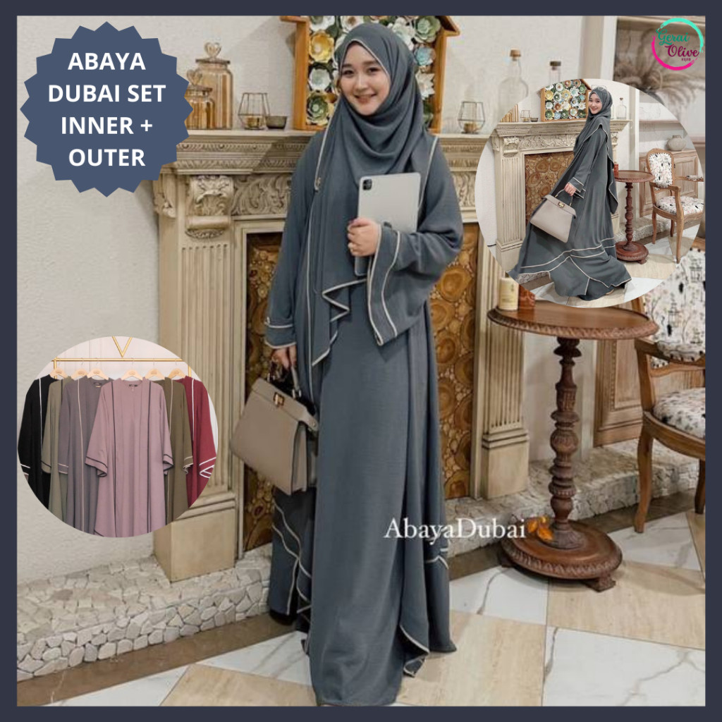 Gamis Abaya Dubay Dubai Kazami Bahan Chey Ironless Set Inner Outer by Kazami
