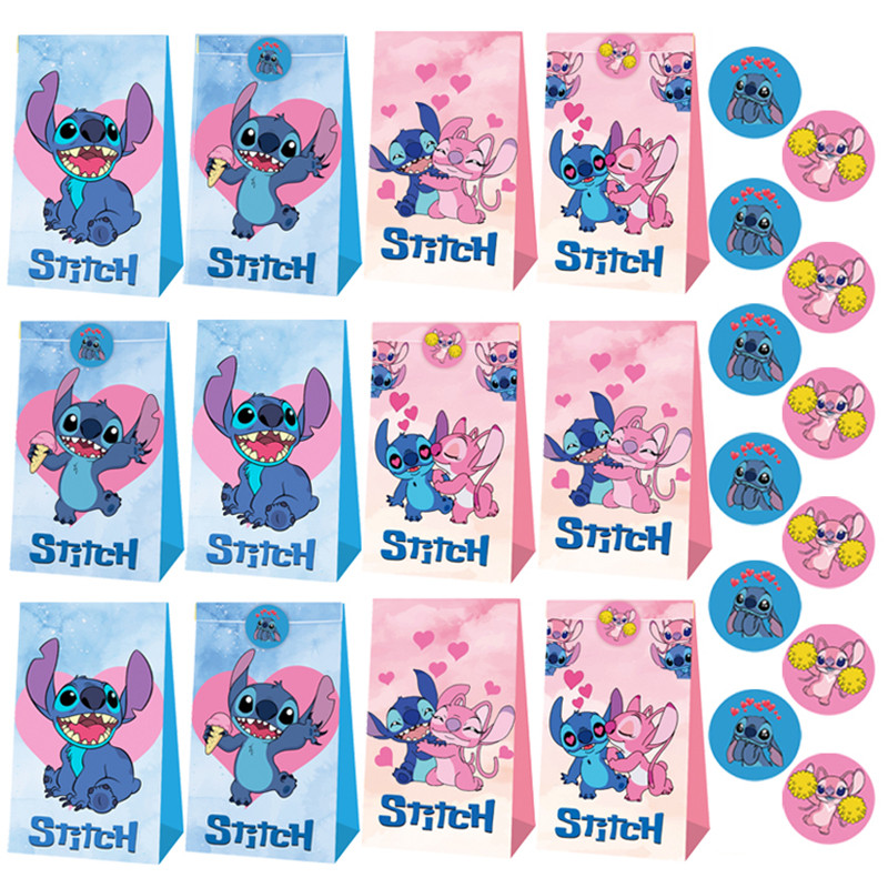 

12pcs Disney Lilo & Stitch Favor Gift Paper Bag With Stickers Stitch Birthday Candy Packing Bag For Baby Shower Party Supplies