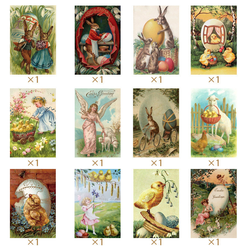 

12pcs Vintage Easter Postcards,Assorted Victoria-Style Animal Printed Greeting Card without Envelope,Easter Gift Card for Friend