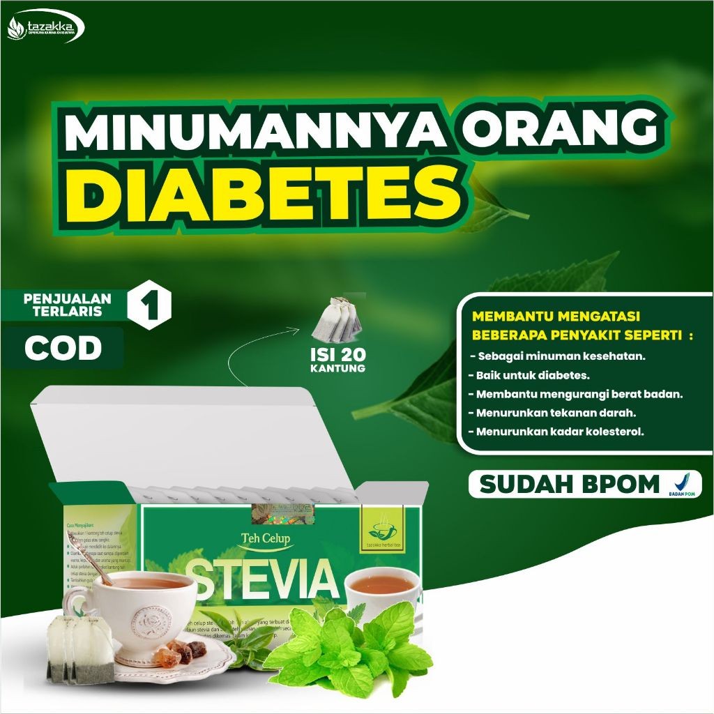 

Obat Herbal Diabetes dalam bentu Minuman Teh Stevia Tazakka isi 20 Kantung sudah BPOM dan ORIGINAL HALAL