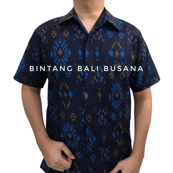 Kemeja Endek Bali Katun Pria Laki Laki Lengan Pendek Bintang Biru - Endek Bintang, M