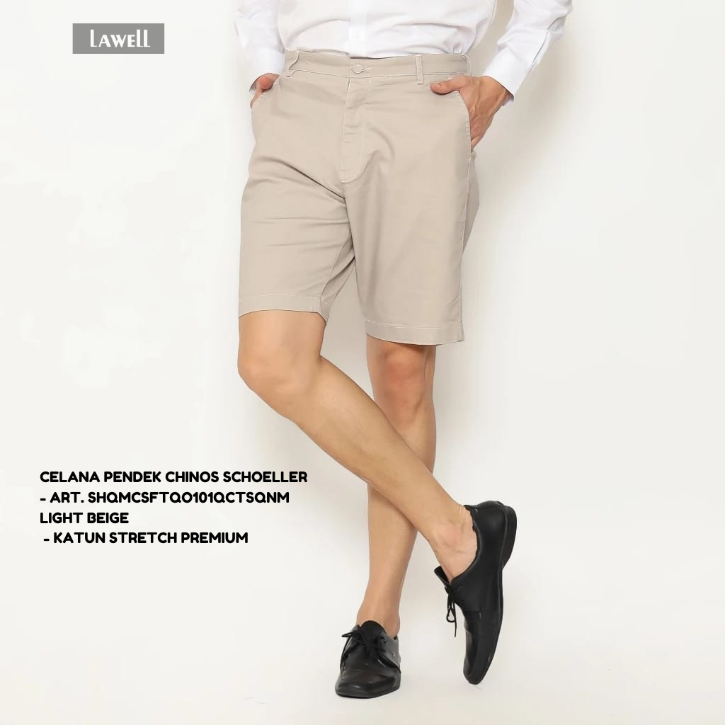 Schoeller Celana Pendek Chino Pria Slim Fit – Brown / Light Beige Katun Stretch Premium