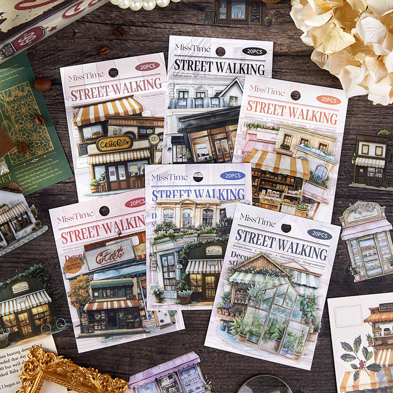 

[Gongjin] Sticker Street Walking SW Stiker Bangunan Cafe Rumah Kafe Toko Bunga Buku