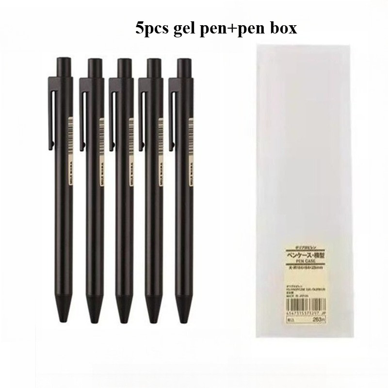 

5Pcs Lot Press Gel Pen add Box Set Similar MUJIs Style 0.5mm Ink Gel Pen Office Ink Transparent Pen Case Bag