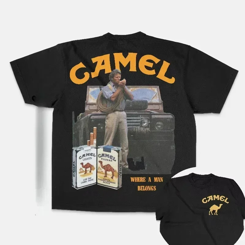 Kaos Retro Mobil Camel Rokok Vintage Atasan Katun Kaos Lengan Pendek Santai Streetwear Pakaian Pria 