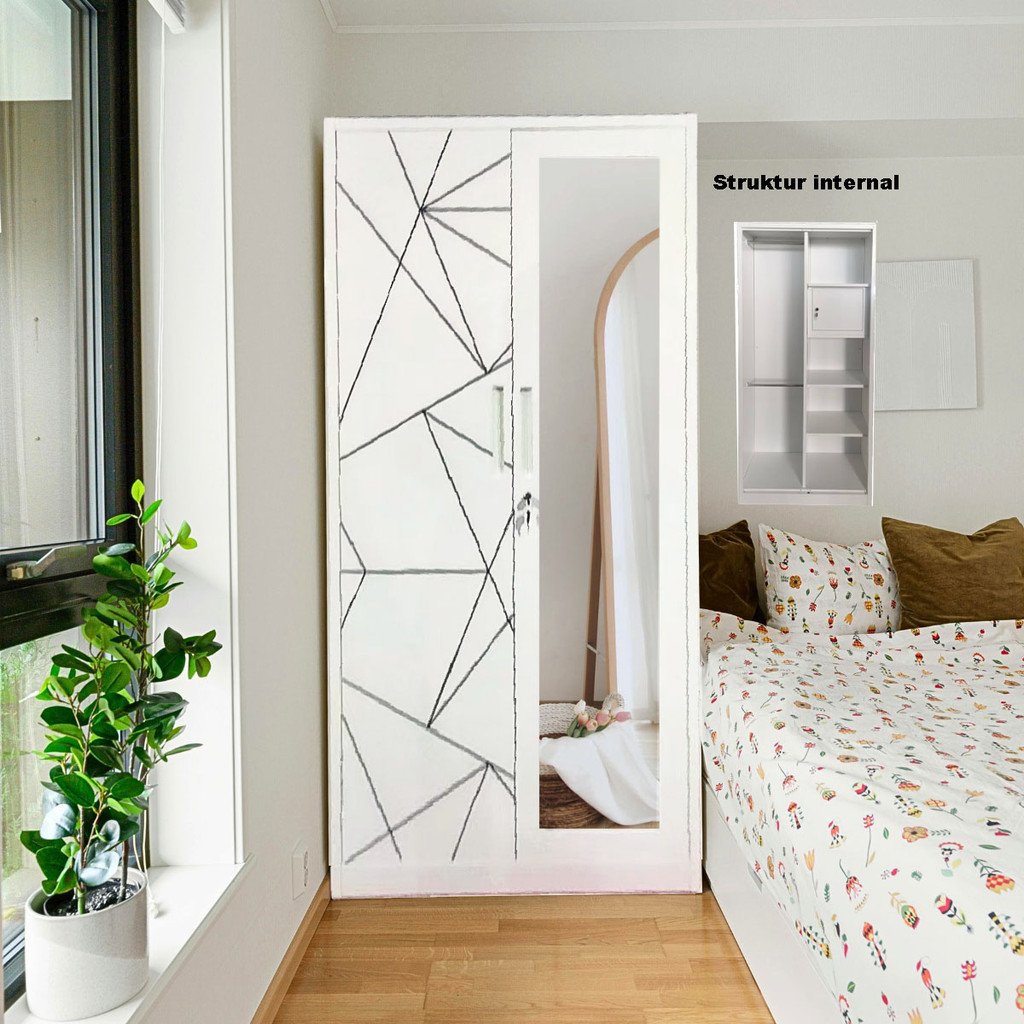 JOLEE-Lemari Pakaian Besi Lemari Pakaian Pintu ganda biasa 85cm 2 pintu 1 Hanger Cermin Minimalis
