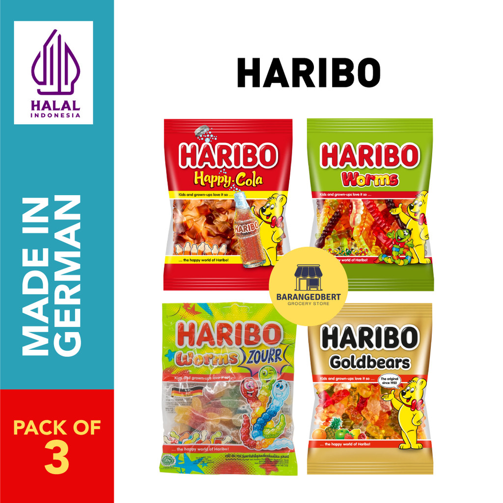 

HARIBO Gummy Candy / Permen Jelly Happy Cola Goldbears Worms Zour Sour Ori German (80gr)