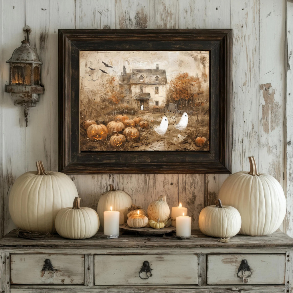 

Cute Ghosts Haunted Farmhouse Canvas Prints Poster Pooky Pumpkin Patch Halloween Art Prints Fall Wall Art Home Decor Art Poster