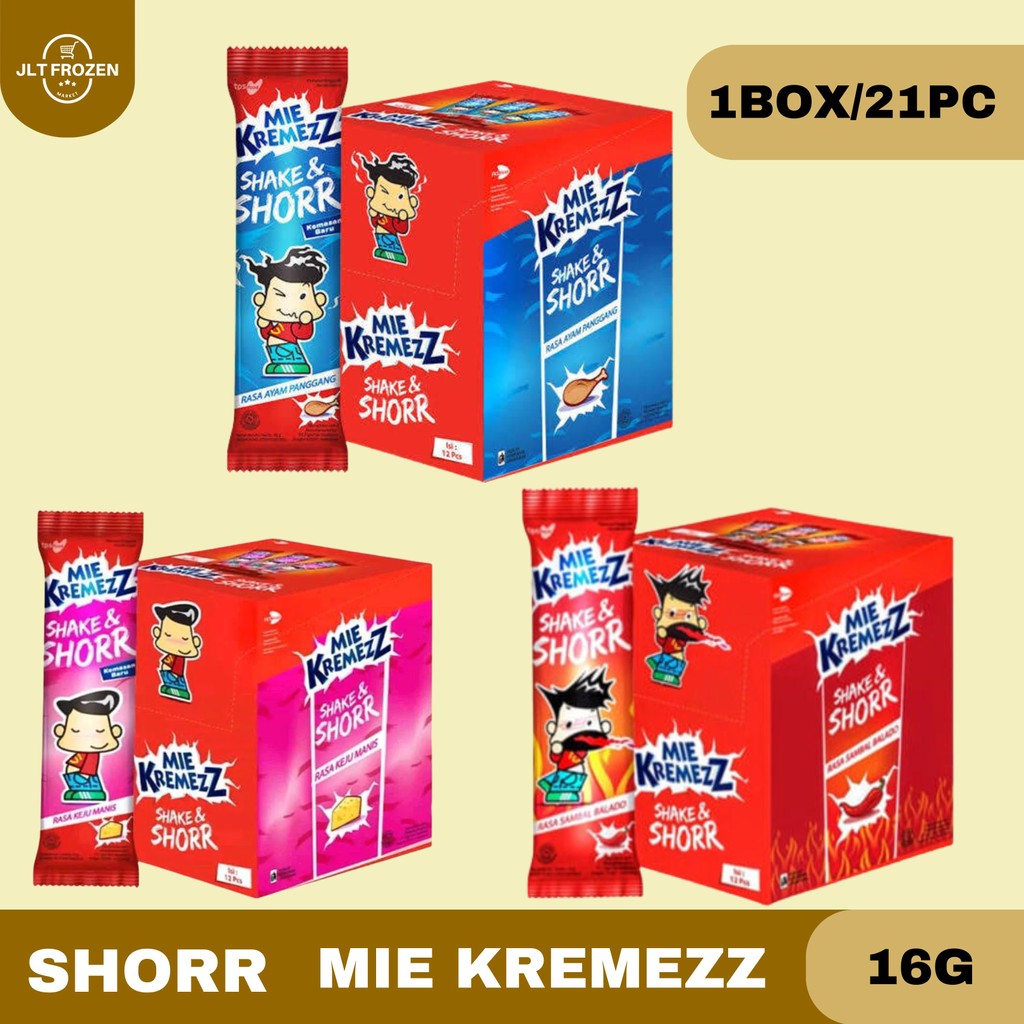

Shorr Mie Kremezz Shake 16g - 1BOX/21PC / Snack Mie / Mie Kremez Rasa Ayam Panggang / Sambal Balado / Keju Manis