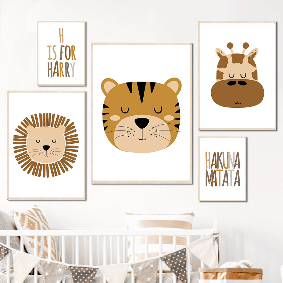 

Hakuna Matata Lion Tiger Hippopotamus head Rainbow Letter Canvas Print Animal Posters Nordic Wall Pictures Kids Room Decoration