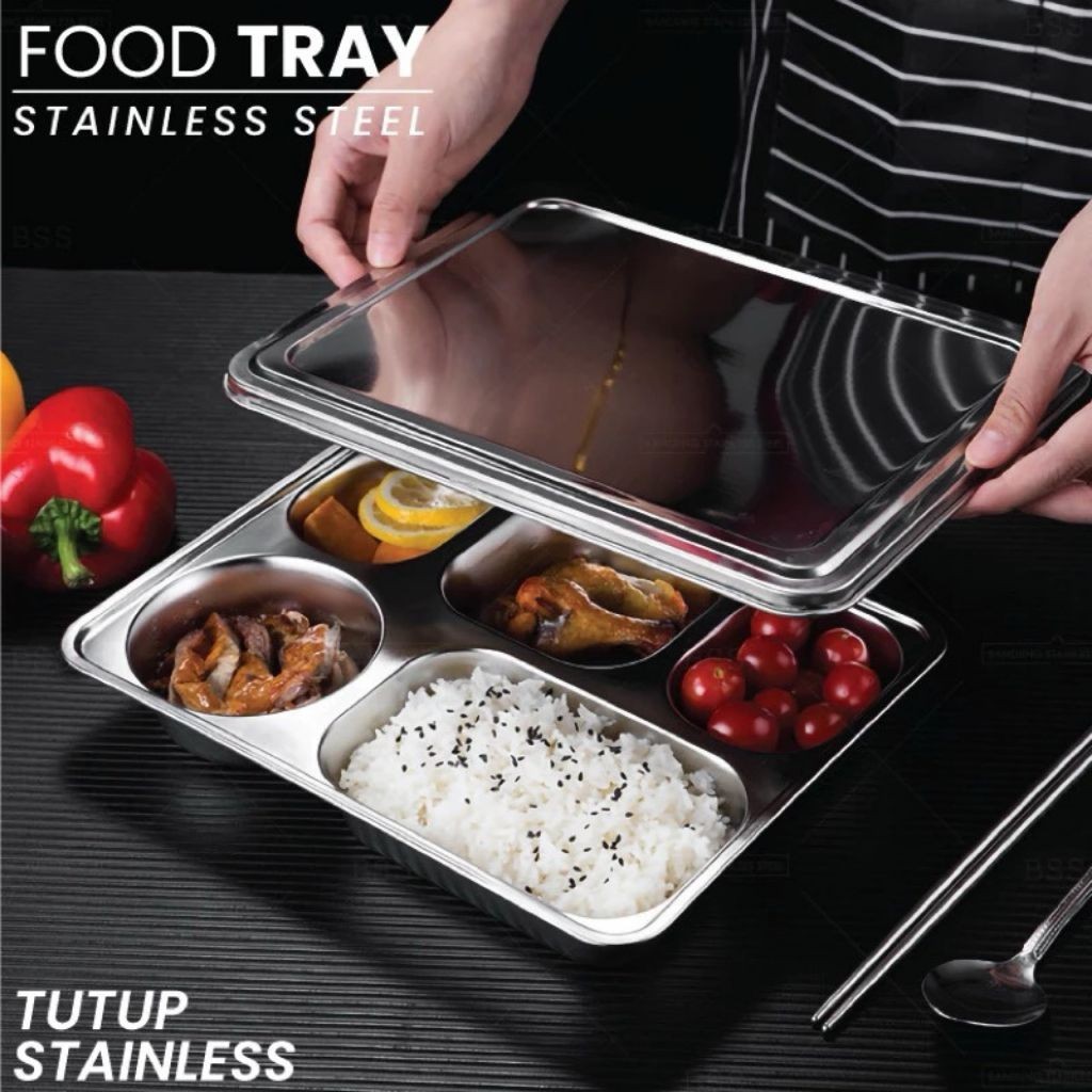 Food Tray 5 Sekat Stainless + Tutup Stainless / Lunch Box Stainless / Mesh Tray 5 Lubang + Tutup