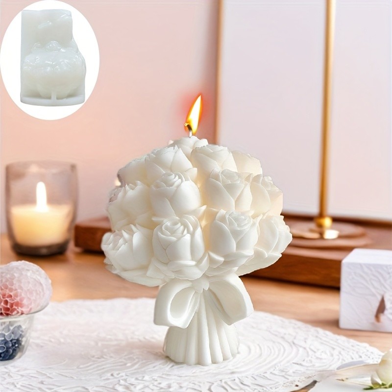 

1pc Silicone Rose Bouquet Mold for Candles, Soap, and Plaster Crafts – Elegant White Flower Design with Green Leaves & Ribbon Ac