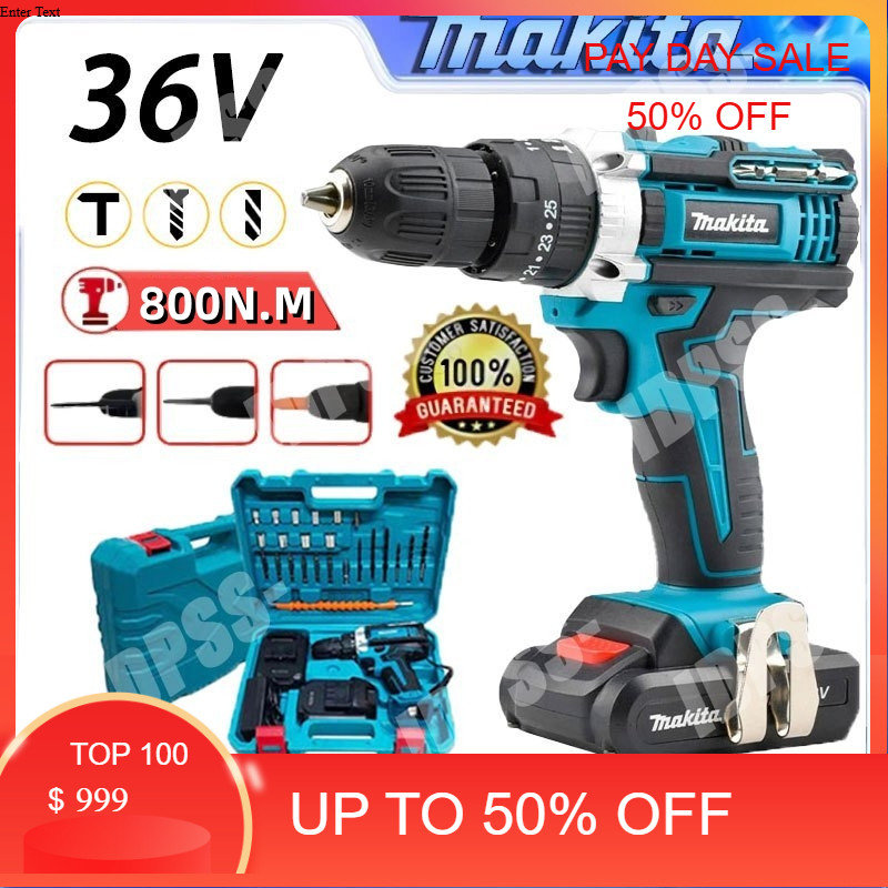 MAKITA Bor Impact Elektrik Makita 36V Tanpa Kabel dengan Mata Bor dan 2 Baterai Alat Obeng Bor Tanga