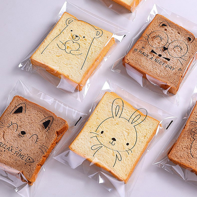 

100Pcs Cartoon Bread Bag Packaging Bags Sandwich Bag for Kids Self Adhensive for Packing Sandwich