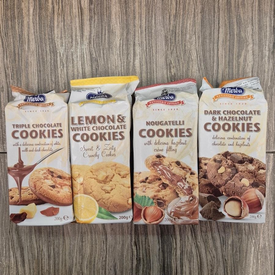 

Merba Patisserie Cookies Kukis Rasa TRIPLE CHOCOLATE / LEMON WHITE COKLAT / NOUGATELLI HAZELNUT / DARK CHOCOLATE & HAZELNUT 200gr