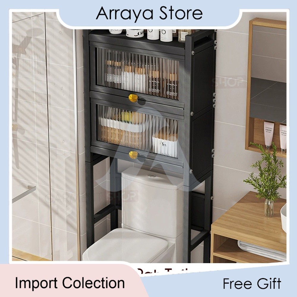 Rak Toilet Besi Stainless Steel Lemari Kamar Mandi Tertutup Atas Kloset Tempat Sabun Shampoo Tissue 