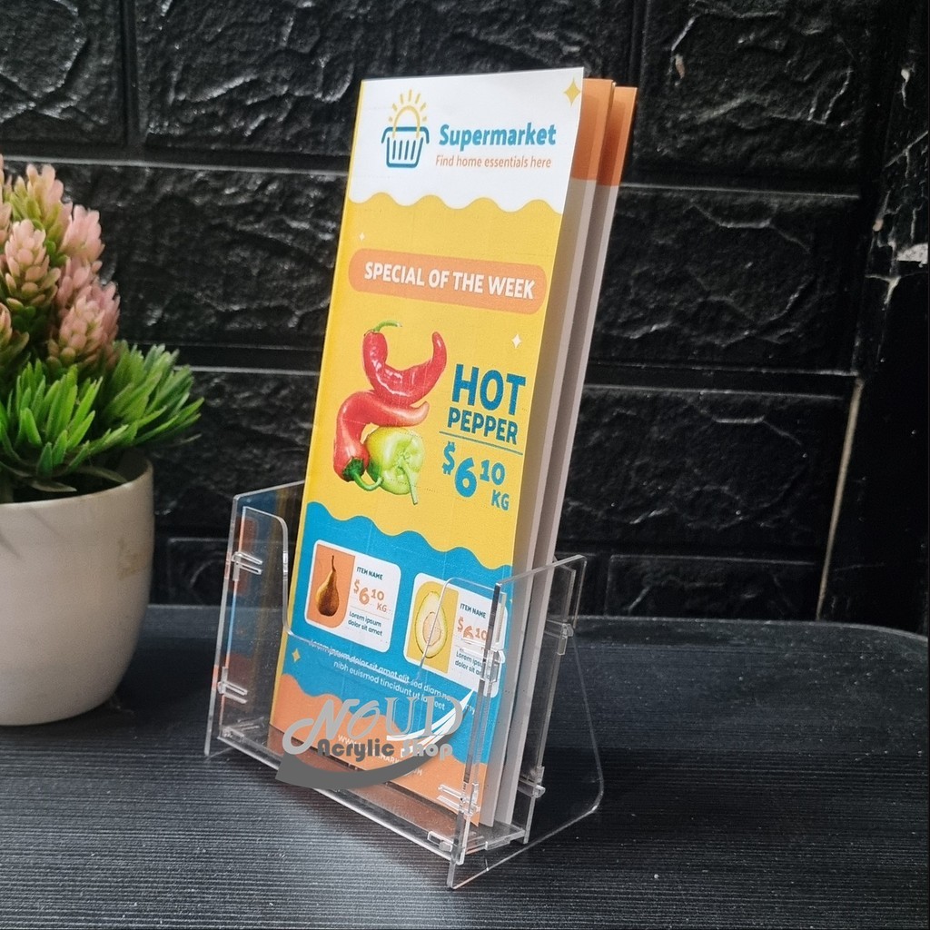 

Tempat Brosur Akrilik Uk. 1/3 A4 Lipat Tiga / Display Brosur Acrylic / Rak Brosur Murah Knock Down
