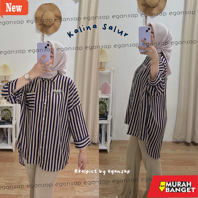 atasan wanita viona oversize yg kekinian- Kalina Salur Oversize | Kemeja Stripe Rayon Shirt