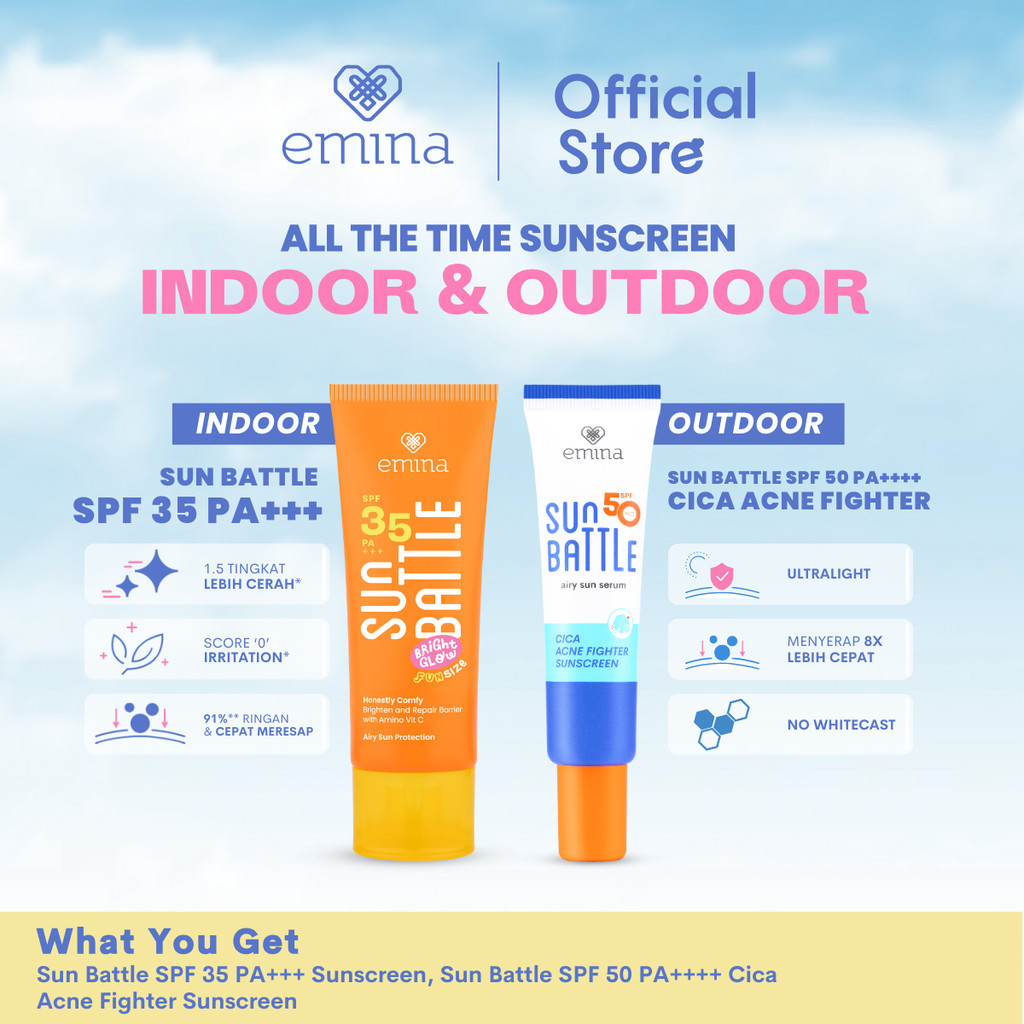 Emina Sunscreen Indoor & Outdoor SPF 35 Amino Vit. C Bright Glow & SPF 50 Cica Acne Fighter atau SPF