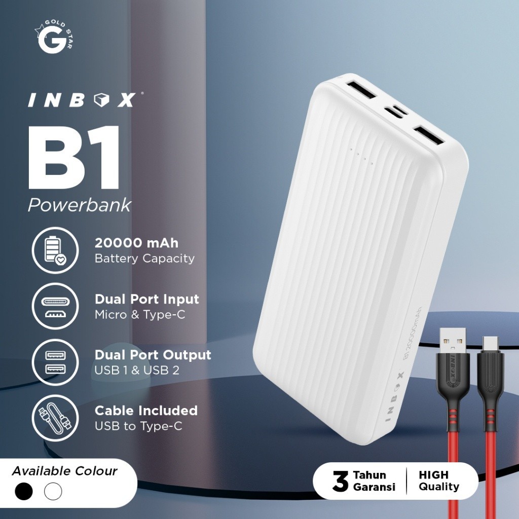 Powerbank Inbox B1 20000mAh Dual Output USB Port Dual Input Micro Type-C