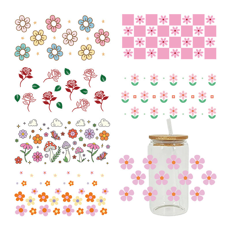 

UV DTF Sticker Flower Theme For The 16oz Libbey Glasses Wraps Cup Can DIY Waterproof Easy To Use Custom Decals D10722