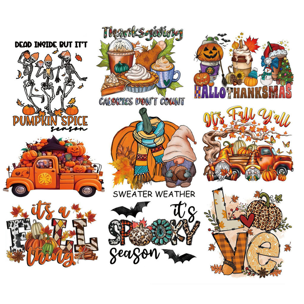 

Halloween Thanksgiving Pumpkin Skull Letter Pattern Logo Clothing Luggage Heat Transfer Sticker Washable custom DTF Stickers