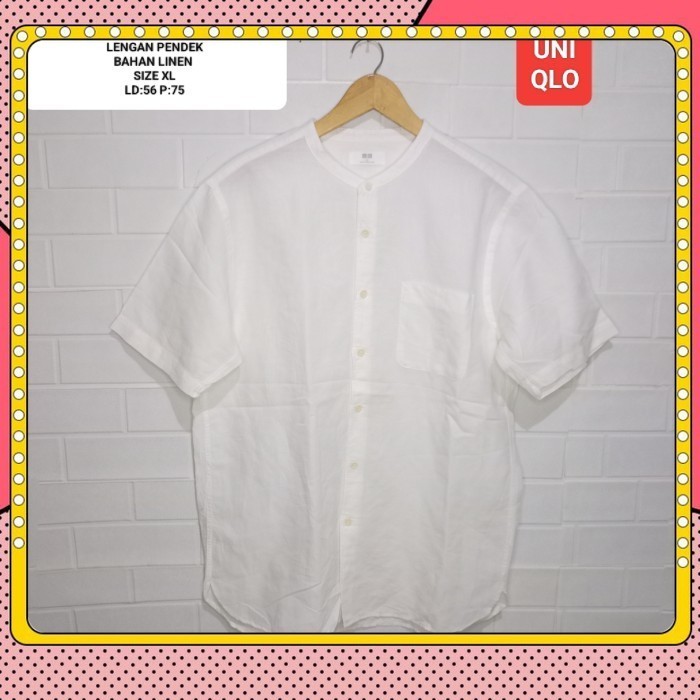 ( READY STOK ) Preloved KEMEJA PENDEK PUTIH KERAH SHANGHAI UNIQLO ORI SIZE XL BAHAN LINEN No Nego