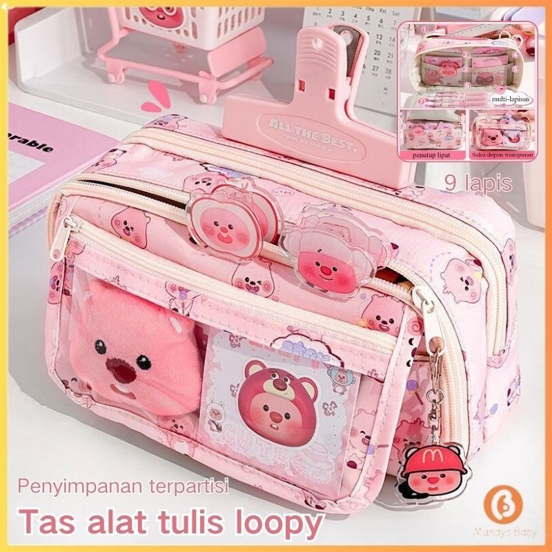 

【Penjual Lokal】loopy kotak pensil aesthetic Tas Pensil 9 lapisan kapasitas besar Dengan boneka Bros dan tempat kertas ujian