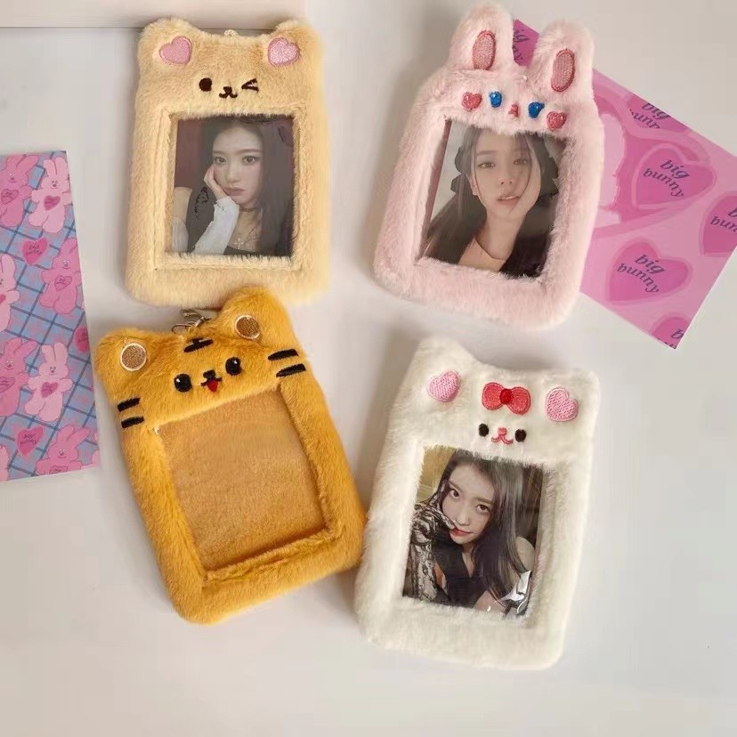 

INS New Cartoon 3-inch Rabbit Tiger Photocard Holder Girl Kpop Idol Photo Holder Girl Plush Student ID Pendant Keychain