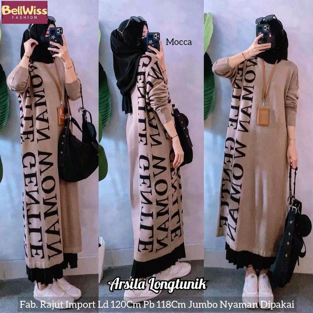 Arsila Long Tunik Rajut Import Jumbo Oversize Motif Premium Stretch Tebal