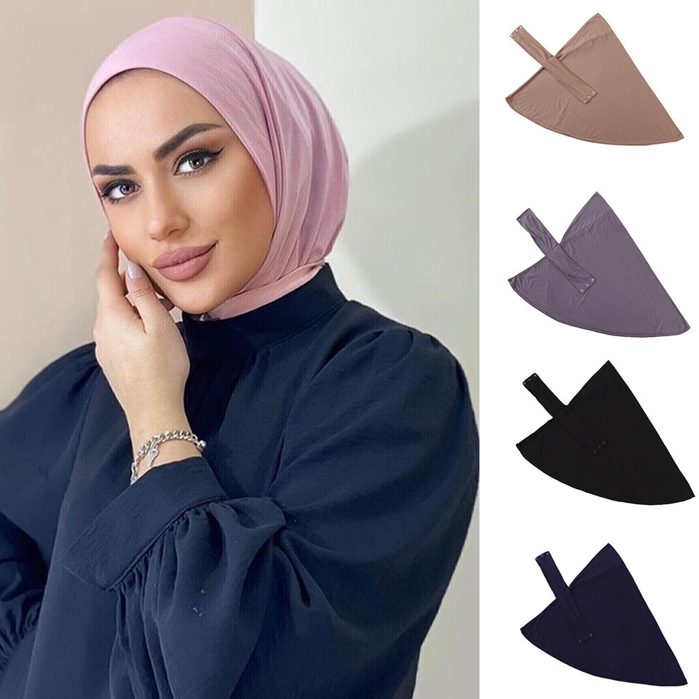 

Muslim WomenTurkish Ready to Wear Hijab with Snap Fastener Muslim Headscarf Bonnet Jersey Modal HIjab Caps with Button Turban