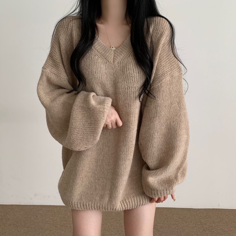 

V-neck Knit Pullovers Women Fall Winter Thickened Korean Casual Loose Long Sleeve Sweater Tops 5 Colors