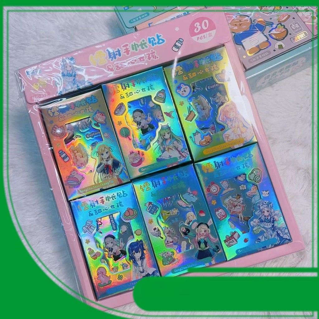

Saku Stiker Laser Pelangi Berkilauan Isi 30 kotak kecil per kotak Stiker kartun anti air boneka journal cute murah scrapbook menghias anak laki-laki perempuan